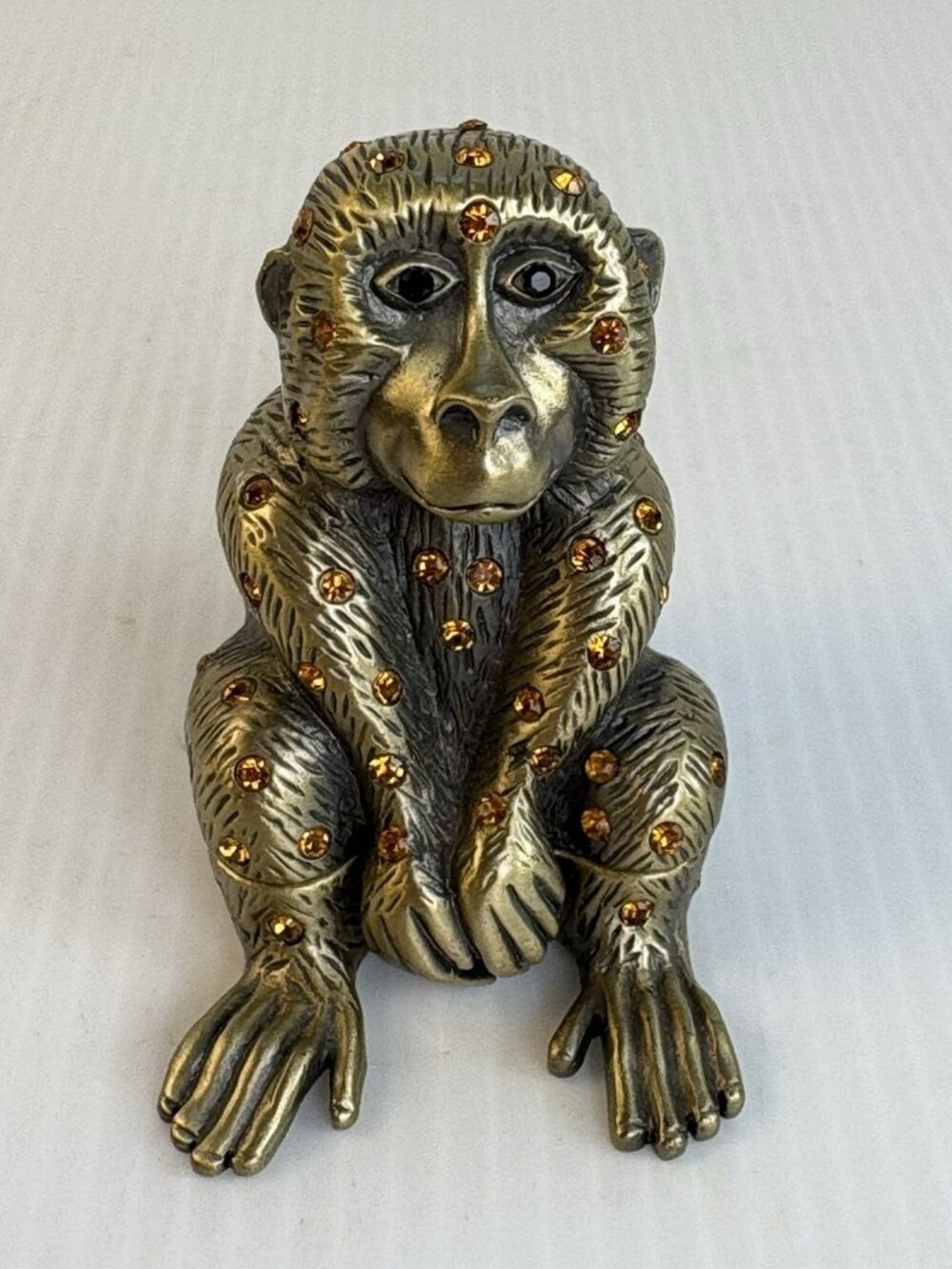 Vintage Cast Brass Monkey Trinket Dish Figurine Amber Rhinestone Crystals Heavy